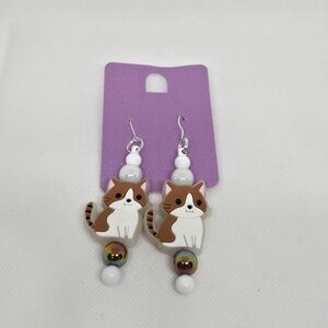 NWT Handcrafted Brown and White Cats Silicone Beaded French Hook Earrings